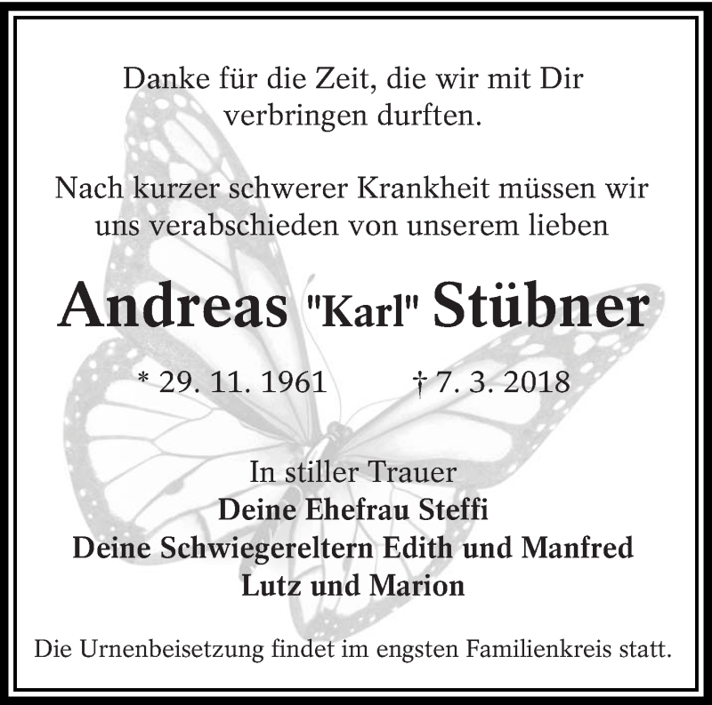  Traueranzeige für Andreas Stübner vom 10.03.2018 aus lausitzer_rundschau