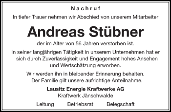 Traueranzeige von Andreas Stübner von lausitzer_rundschau