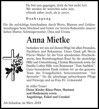 Traueranzeige von Anna Mietke von lausitzer_rundschau