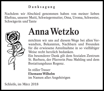Traueranzeige von Anna Wetzko von lausitzer_rundschau