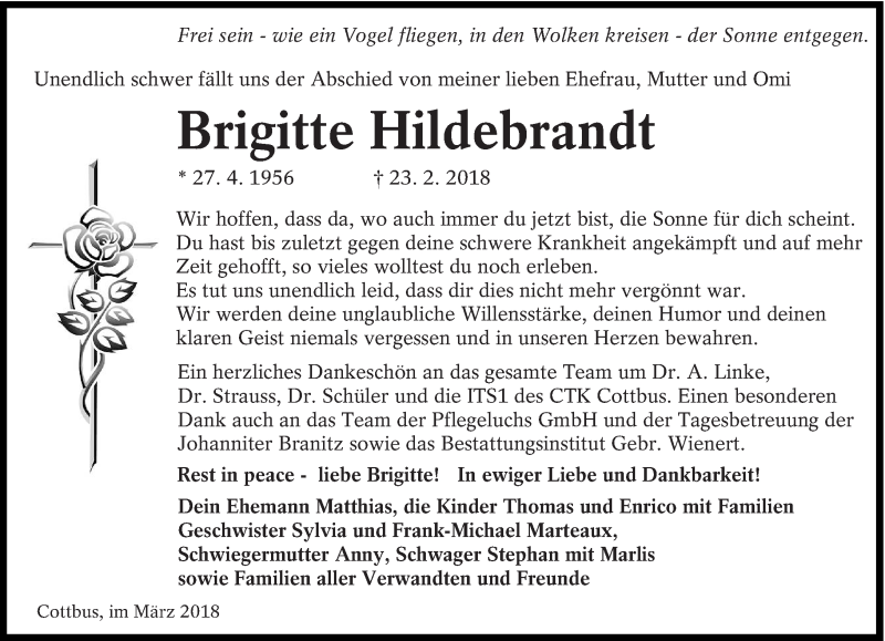  Traueranzeige für Brigitte Hildebrandt vom 17.03.2018 aus lausitzer_rundschau