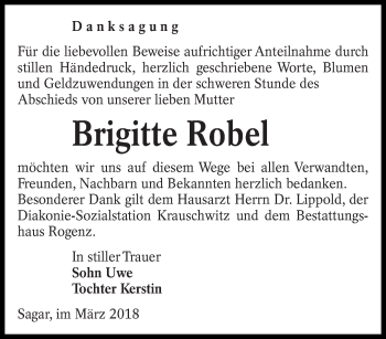 Traueranzeige von Brigitte Robel von lausitzer_rundschau