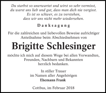 Traueranzeige von Brigitte Schlesinger von lausitzer_rundschau