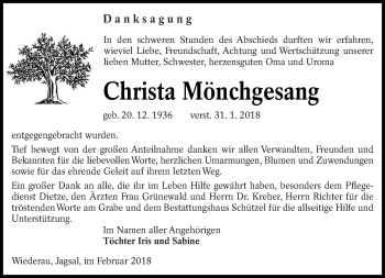 Traueranzeige von Christa Mönchgesang von lausitzer_rundschau