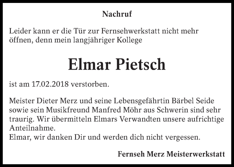  Traueranzeige für Elmar Pietsch vom 28.02.2018 aus lausitzer_rundschau