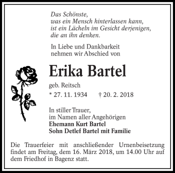 Traueranzeige von Erika Bartel von lausitzer_rundschau