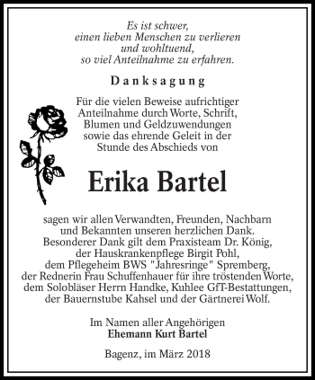 Traueranzeige von Erika Bartel von lausitzer_rundschau