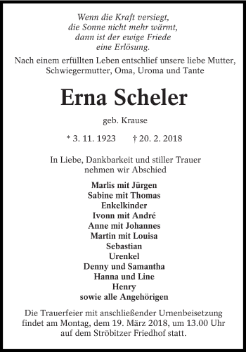 Traueranzeige von Erna Scheler von lausitzer_rundschau