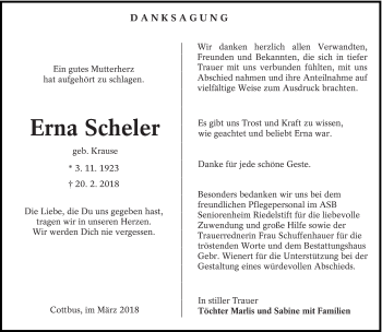 Traueranzeige von Erna Scheler von lausitzer_rundschau