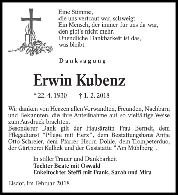 Traueranzeige von Erwin Kubenz von lausitzer_rundschau