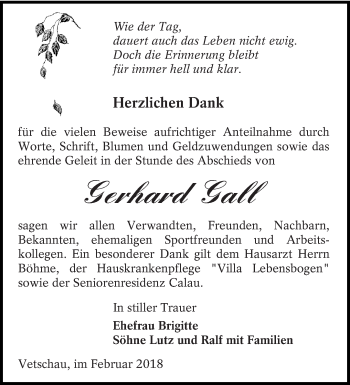 Traueranzeige von Gerhard Gall von lausitzer_rundschau