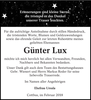 Traueranzeige von Günter Lux von lausitzer_rundschau