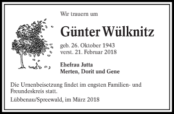 Traueranzeige von Günter Wülknitz von lausitzer_rundschau
