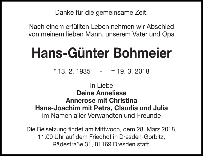  Traueranzeige für Hans-Günter Bohmeier vom 24.03.2018 aus lausitzer_rundschau