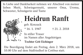Traueranzeige von Heidrun Ranft von lausitzer_rundschau