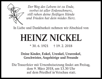 Traueranzeige von Heinz Nickel von lausitzer_rundschau