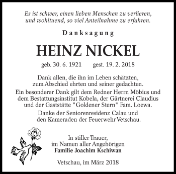 Traueranzeige von Heinz Nickel von lausitzer_rundschau