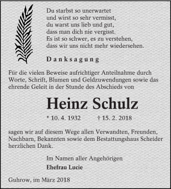 Traueranzeige von Heinz Schulz von lausitzer_rundschau