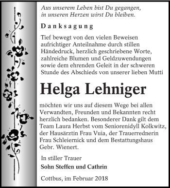 Traueranzeige von Helga Lehniger von lausitzer_rundschau
