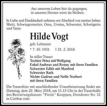 Traueranzeige von Hilde Vogt von lausitzer_rundschau