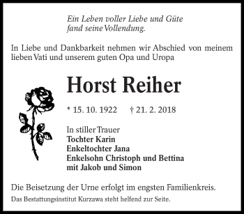 Traueranzeige von Horst Reiher von lausitzer_rundschau