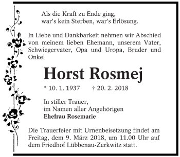 Traueranzeige von Horst Rosmej von lausitzer_rundschau