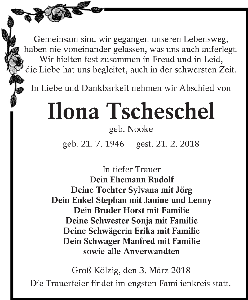  Traueranzeige für Ilona Tscheschel vom 03.03.2018 aus lausitzer_rundschau