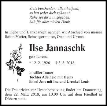 Traueranzeige von Ilse Jannaschk von lausitzer_rundschau