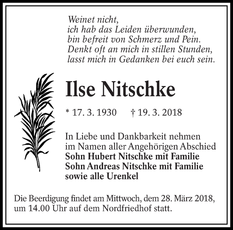  Traueranzeige für Ilse Nitschke vom 24.03.2018 aus lausitzer_rundschau