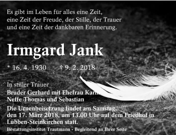 Traueranzeige von Irmgard Jank von lausitzer_rundschau