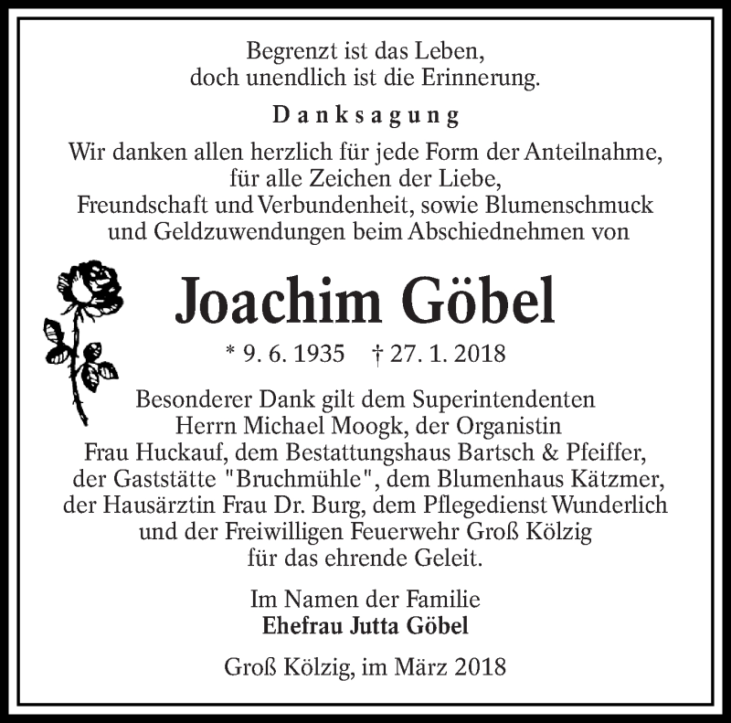  Traueranzeige für Joachim Göbel vom 03.03.2018 aus lausitzer_rundschau