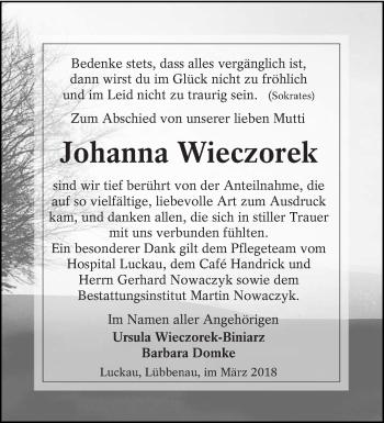 Traueranzeige von Johanna Wieczorek von lausitzer_rundschau