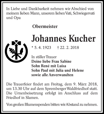 Traueranzeige von Johannes Kucher von lausitzer_rundschau