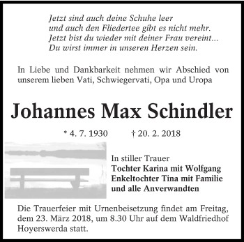 Traueranzeige von Johannes Max Schindler von lausitzer_rundschau
