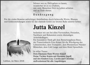 Traueranzeige von Jutta Kinzel von lausitzer_rundschau