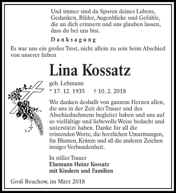 Traueranzeige von Lina Kossatz von lausitzer_rundschau