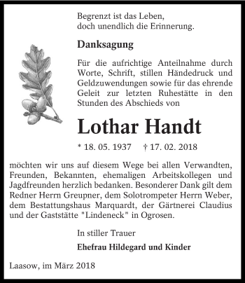 Traueranzeige von Lothar Handt von lausitzer_rundschau