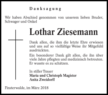 Traueranzeige von Lothar Ziesemann von lausitzer_rundschau