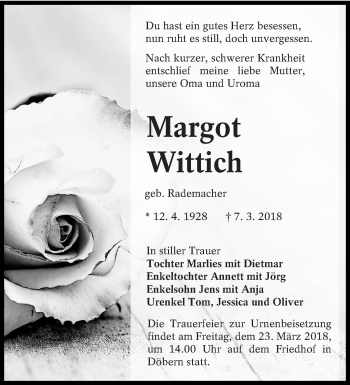 Traueranzeige von Margot Wittich von lausitzer_rundschau