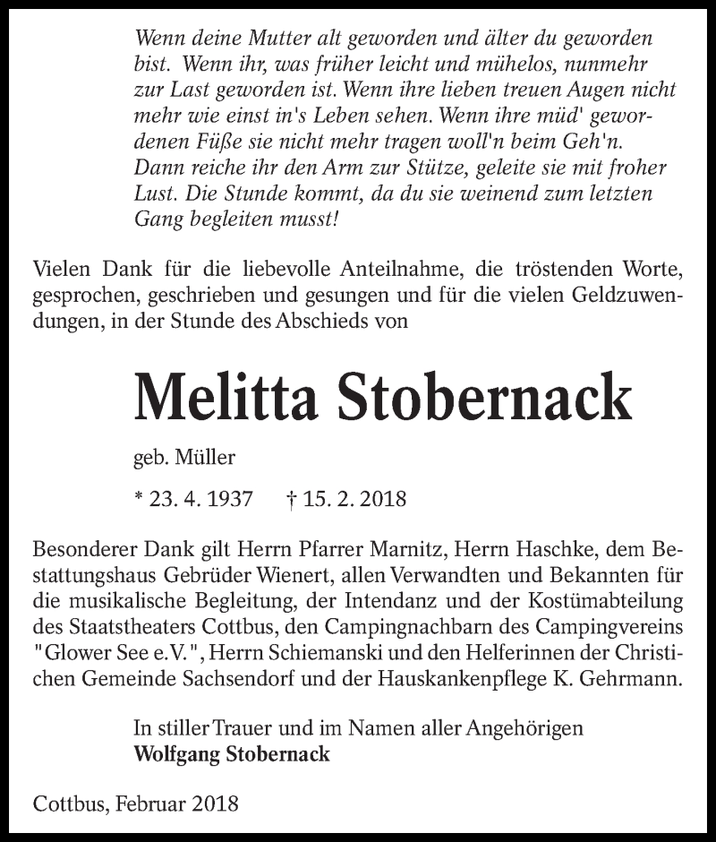  Traueranzeige für Melitta Stobernack vom 03.03.2018 aus lausitzer_rundschau