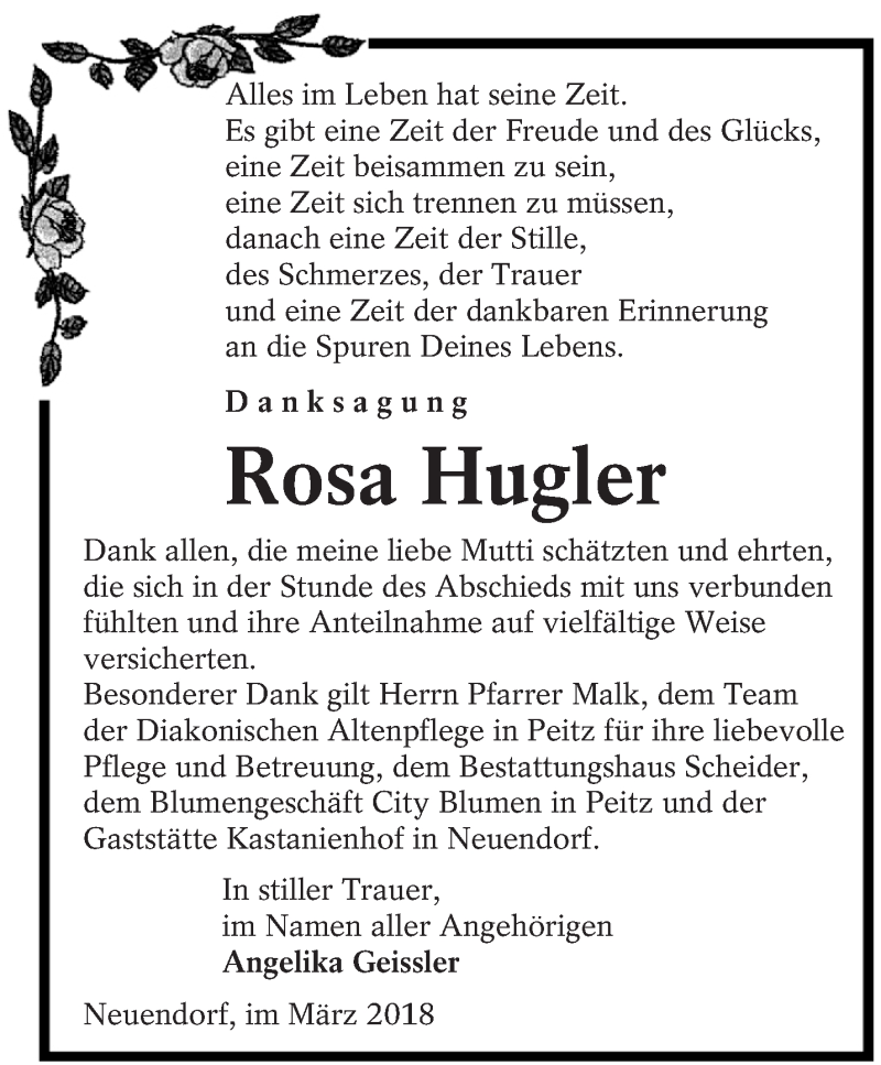  Traueranzeige für Rosa Hugler vom 10.03.2018 aus lausitzer_rundschau