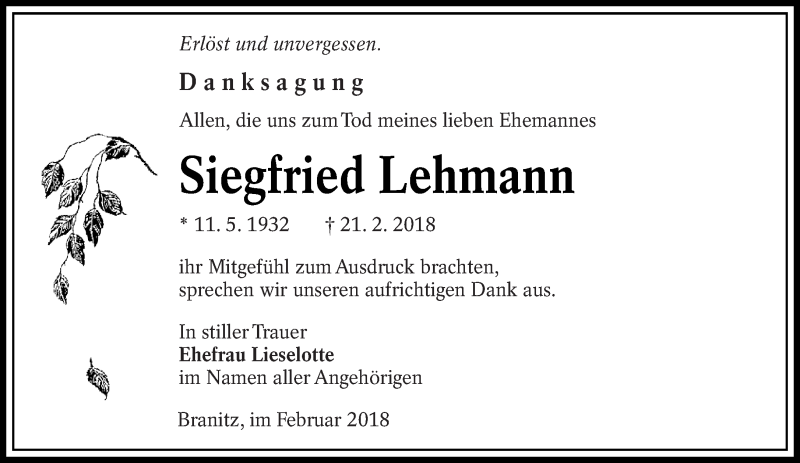  Traueranzeige für Siegfried Lehmann vom 10.03.2018 aus lausitzer_rundschau