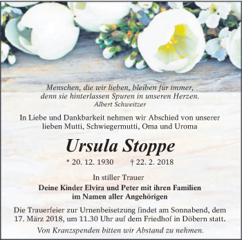 Traueranzeige von Ursula Stoppe von lausitzer_rundschau