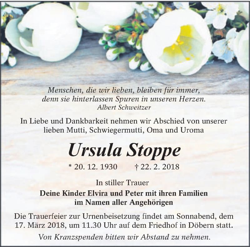  Traueranzeige für Ursula Stoppe vom 10.03.2018 aus lausitzer_rundschau