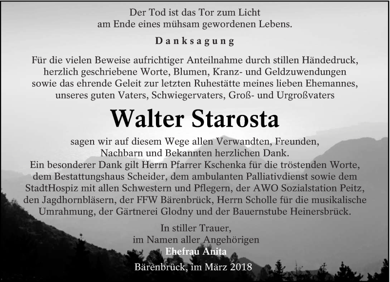  Traueranzeige für Walter Starosta vom 10.03.2018 aus lausitzer_rundschau
