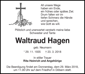 Traueranzeige von Waltraud Hagen von lausitzer_rundschau