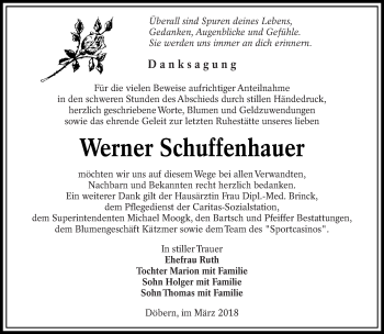 Traueranzeige von Werner Schuffenhauer von lausitzer_rundschau
