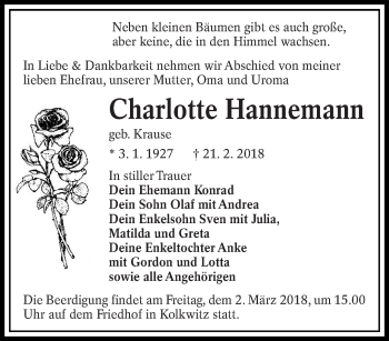 Traueranzeige von charlotte Hannemann von lausitzer_rundschau