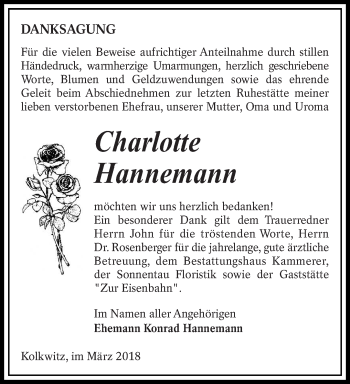Traueranzeige von charlotte Hannemann von lausitzer_rundschau