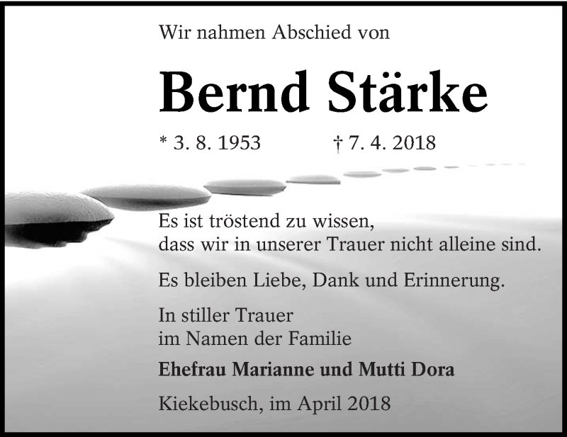  Traueranzeige für Bernd Stärke vom 18.04.2018 aus lausitzer_rundschau